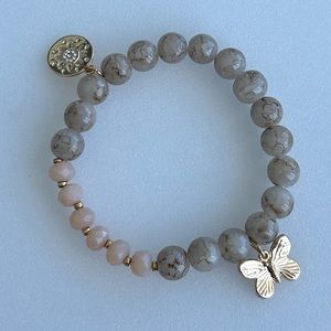 Glass Beads Stretch Bracelet 9” With Gold Tone Spacers And Charms